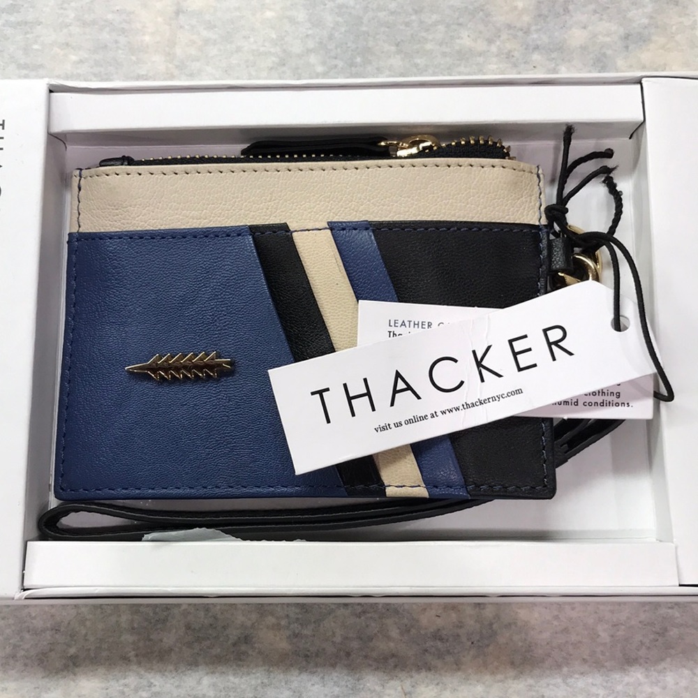 Thacker Amber Wristlet Card Wallet in Blue Black Ivory Leather
